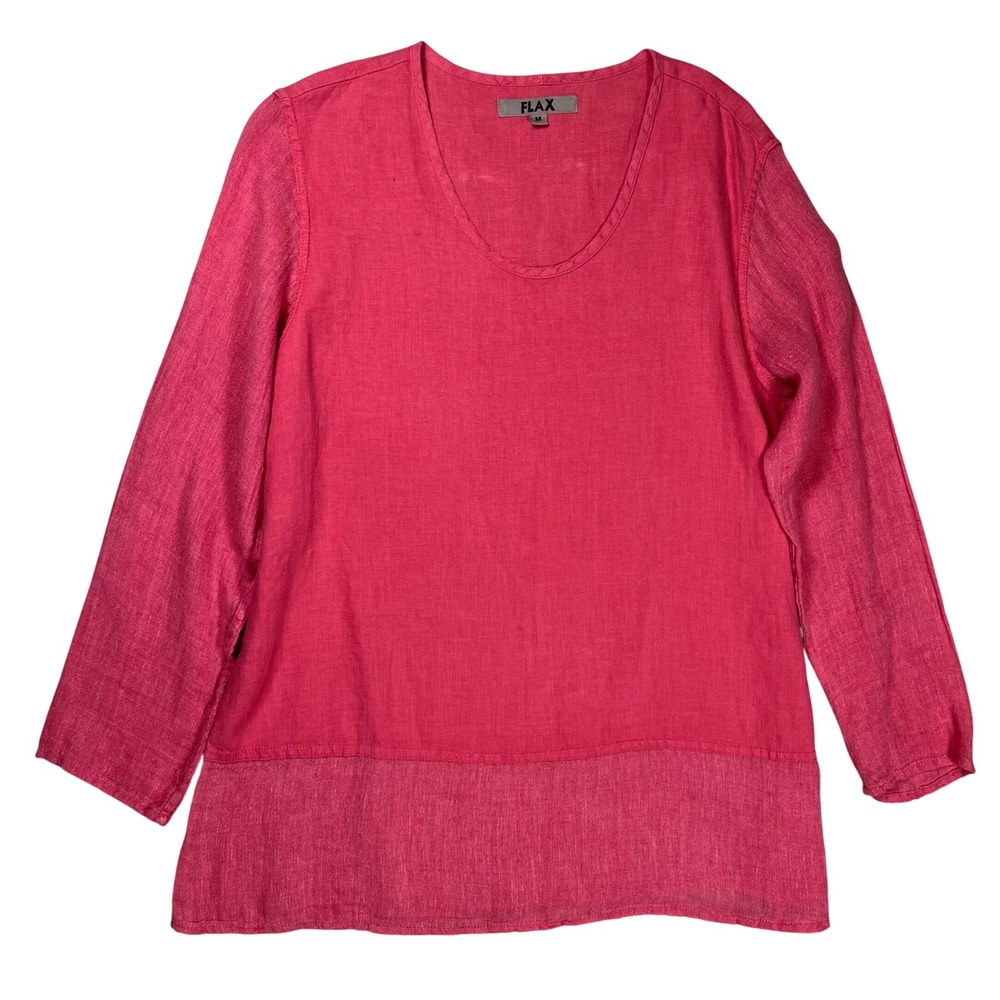 Flax Linen Tunic Women's Sz M Pink Scoop Neck Long Sleeve Lagenlook Relaxed‎ Top